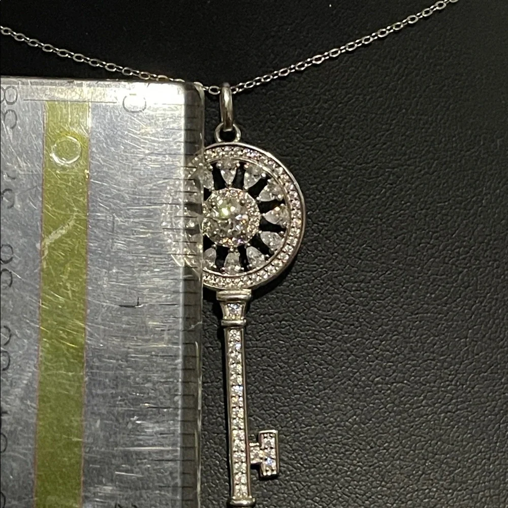 NWT Solid Silver 925 Key Pendant Moissanite and CZ Necklace 17” - Picture 9 of 10